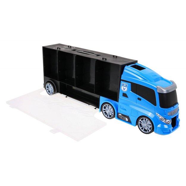Didelis sunkvežimis transporteris su  automobilių modeliukais, mėlynas
