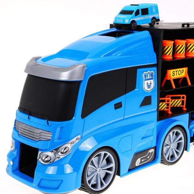 Didelis sunkvežimis transporteris su  automobilių modeliukais, mėlynas