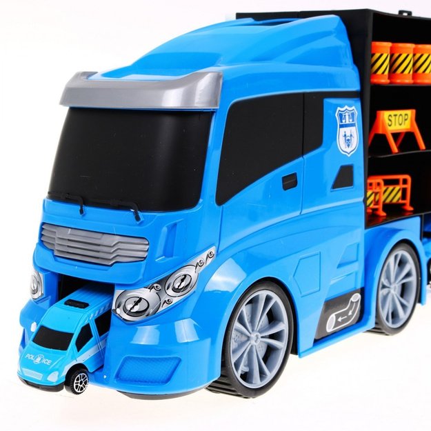 Didelis sunkvežimis transporteris su  automobilių modeliukais, mėlynas