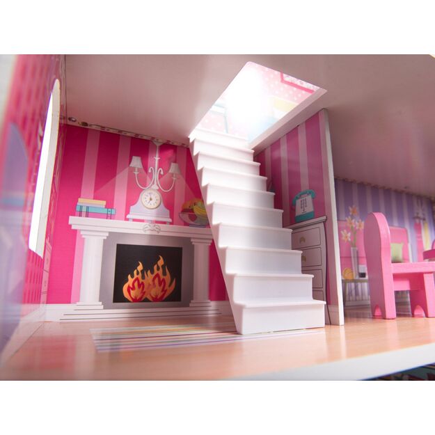 Medinis MDF lėlių namas 70 cm su LED apšvietimu ir baldais