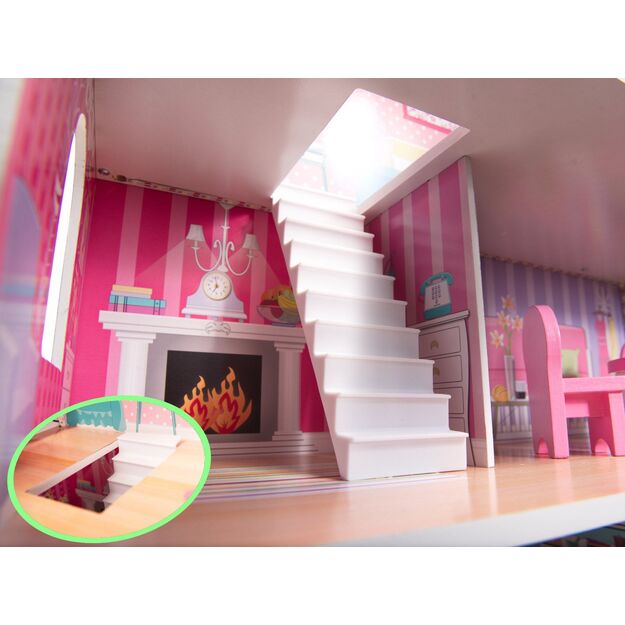 Medinis MDF lėlių namas 70 cm su LED apšvietimu ir baldais
