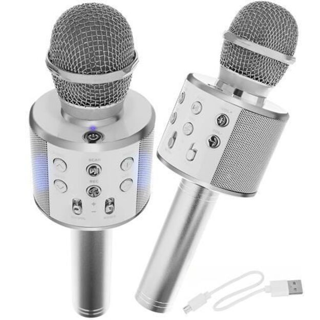 Vaikiškas karaoke mikrofonas su garsiakalbiu, sidabrinis